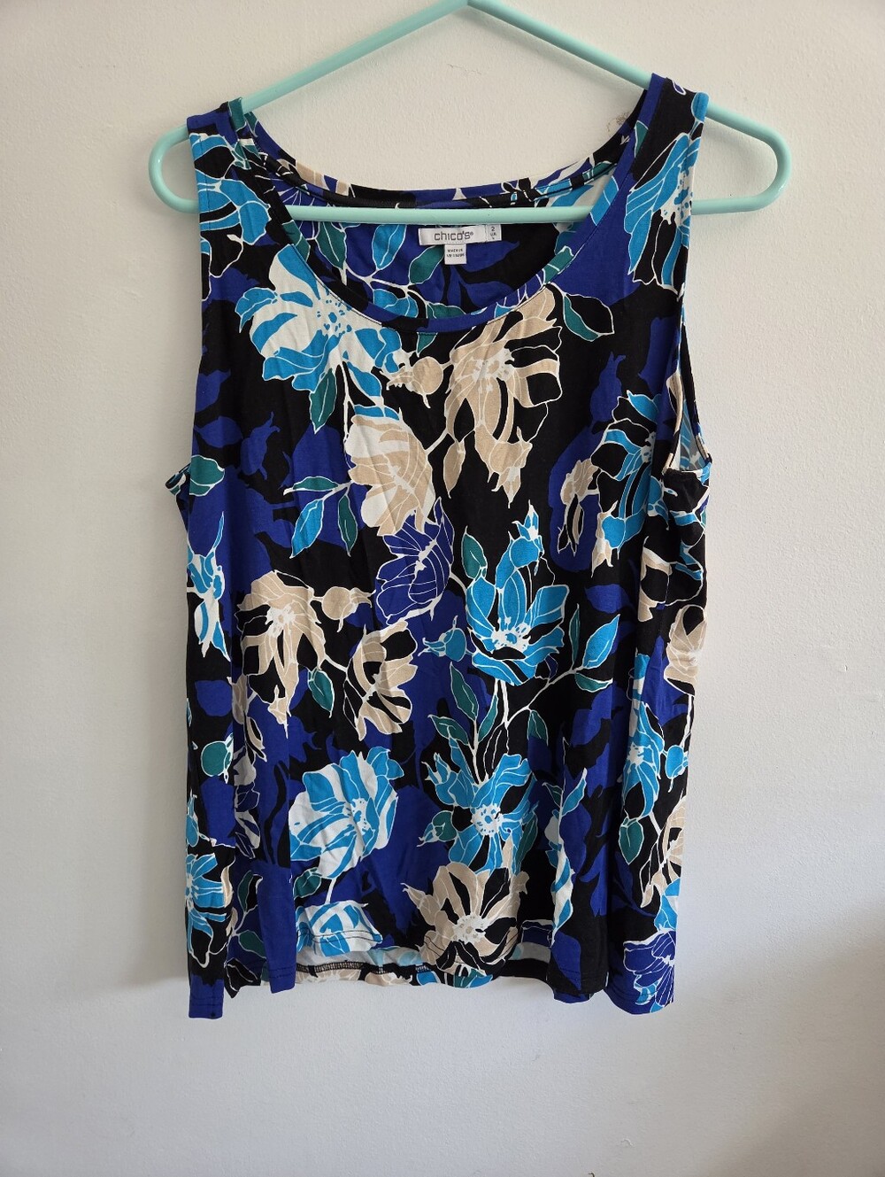 Chico's Black Tank with Blue & Cream Floral Print